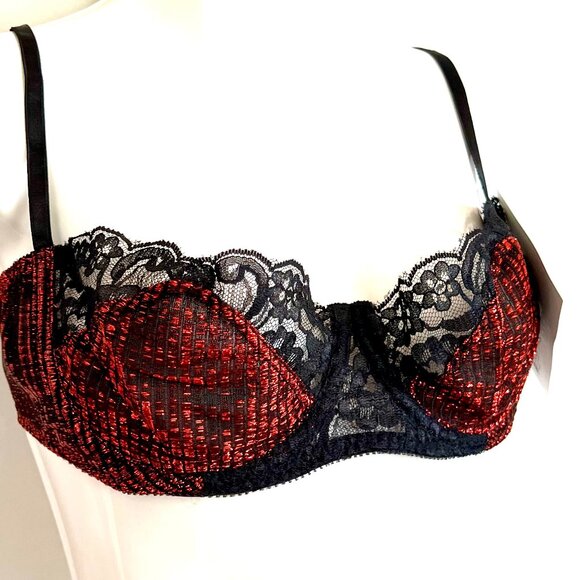 NWT Lily of France Vintage Demi Lace Bra in Hot Red Metallic & Black Lace 36C - Picture 5 of 14